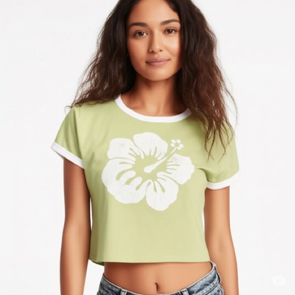 Hollister 100% Cotton Light Green Hibiscus Ringer Crop Tee Shirt Size Small